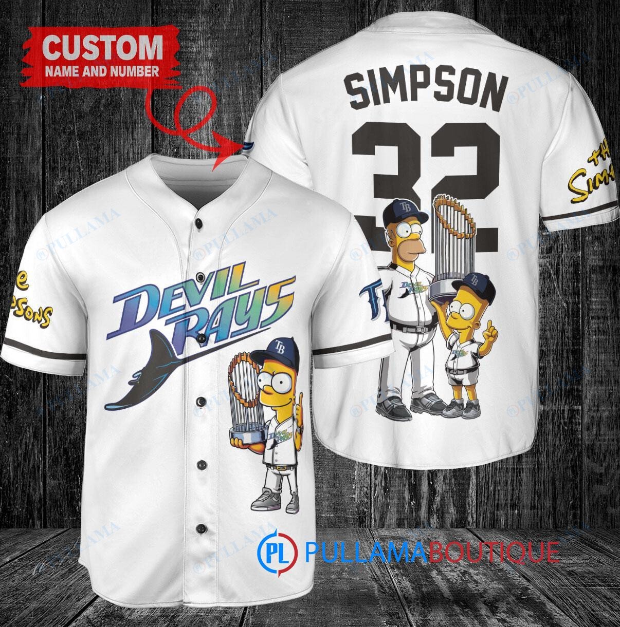 Tampa Bay Rays x The Simpsons Bart Simpson, Homer Simpson, Lisa Simpson with Trophy Custom Baseball Jersey White Home Replica