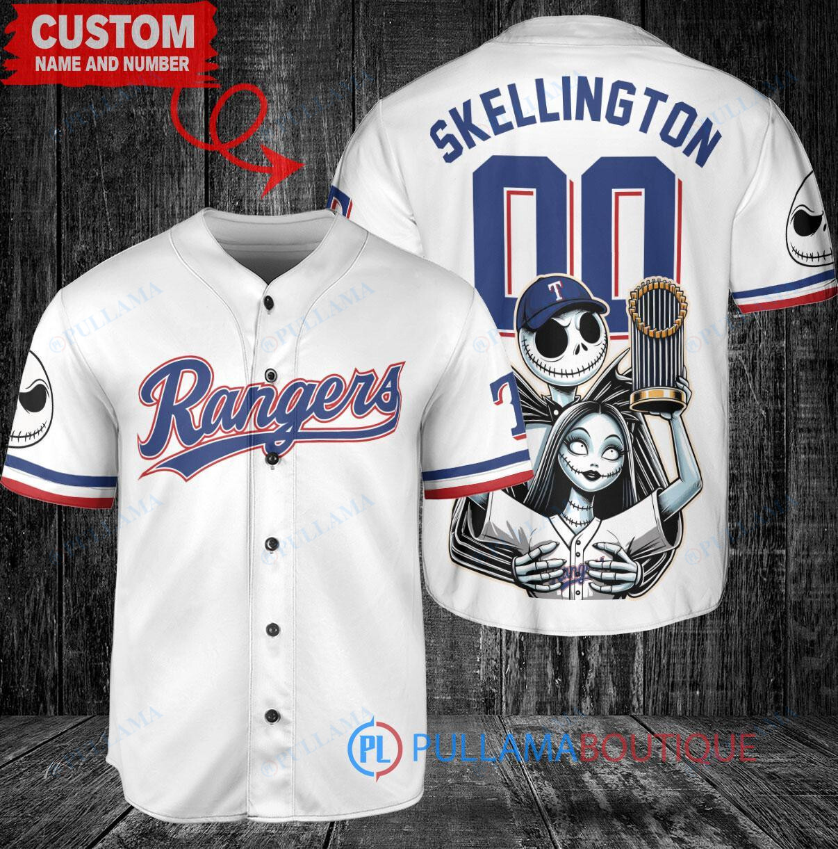 Texas Rangers Jack Skellington Sally World Series Trophy Baseball Jersey White
