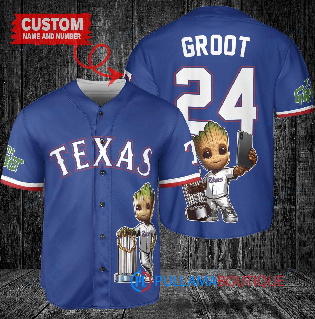 Texas Rangers x Baby Groot Marvel Guardians Of The Galaxy with Trophy Custom Baseball Jersey Royal