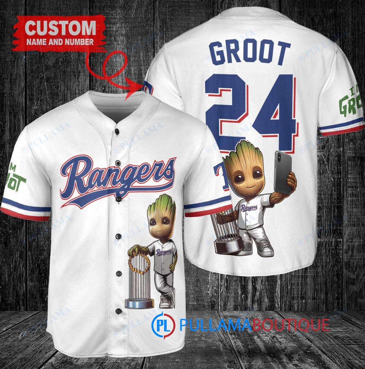Texas Rangers x Baby Groot Marvel Guardians Of The Galaxy with Trophy Custom Baseball Jersey White