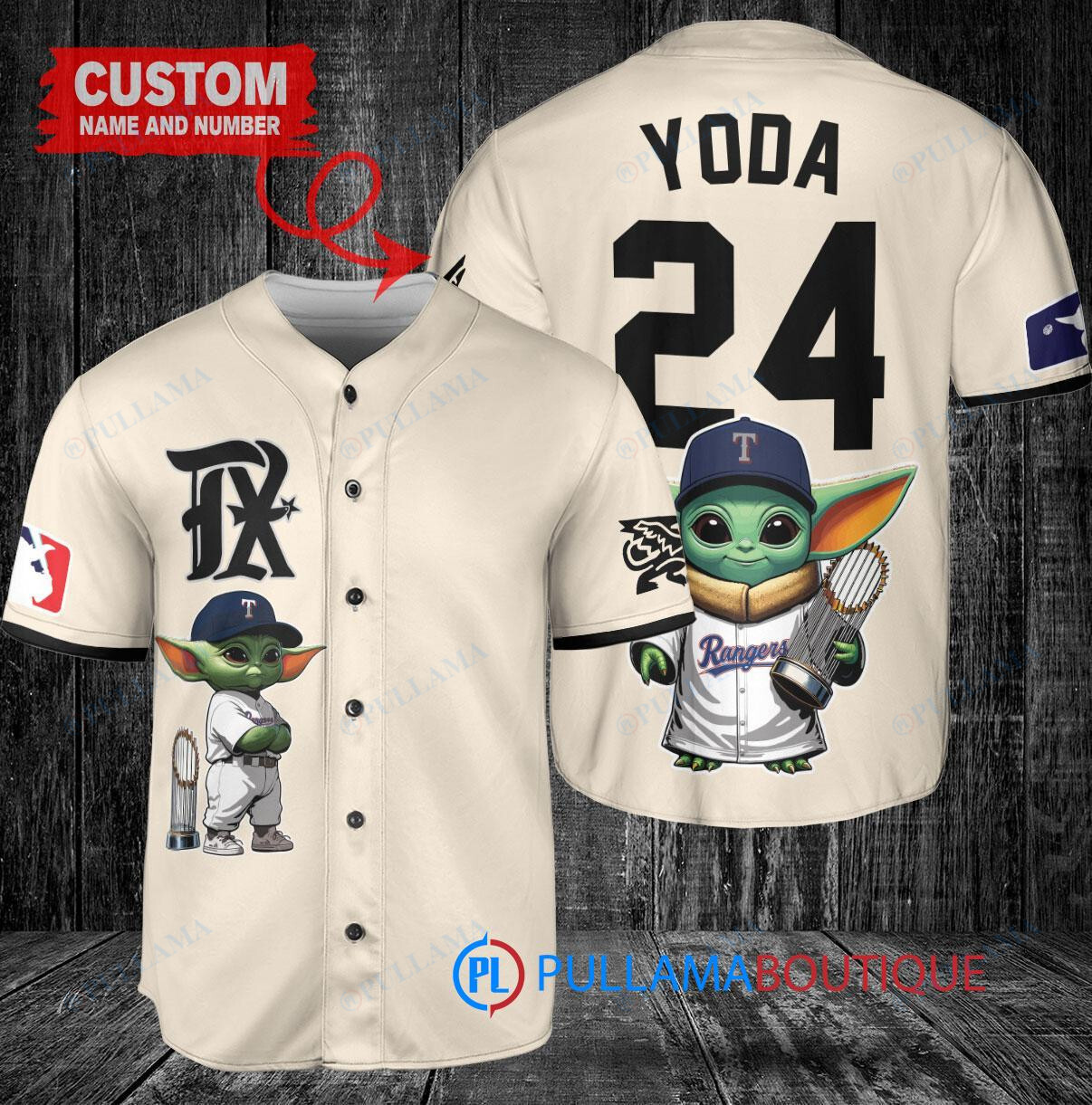 Texas Rangers x Baby Yoda Star Wars The Mandalorian with Trophy Custom Baseball Jersey Cream