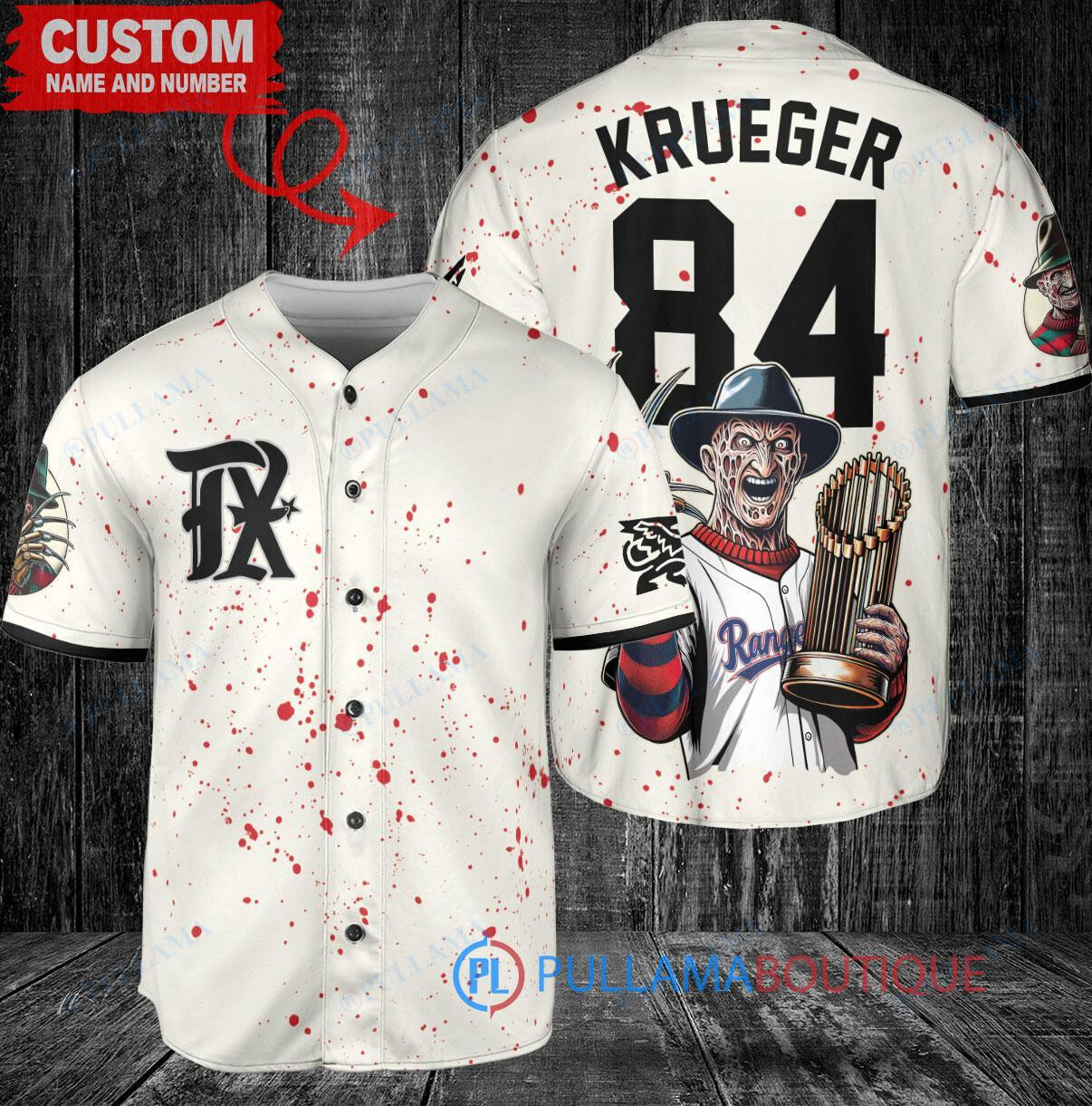 Texas Rangers x Freddy Krueger A Nightmare on Elm Street Halloween with World Series Trophy Custom Baseball Jersey Cream