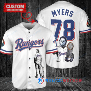 Texas Rangers x Halloween Michael Myers with Trophy Custom Baseball Jersey White