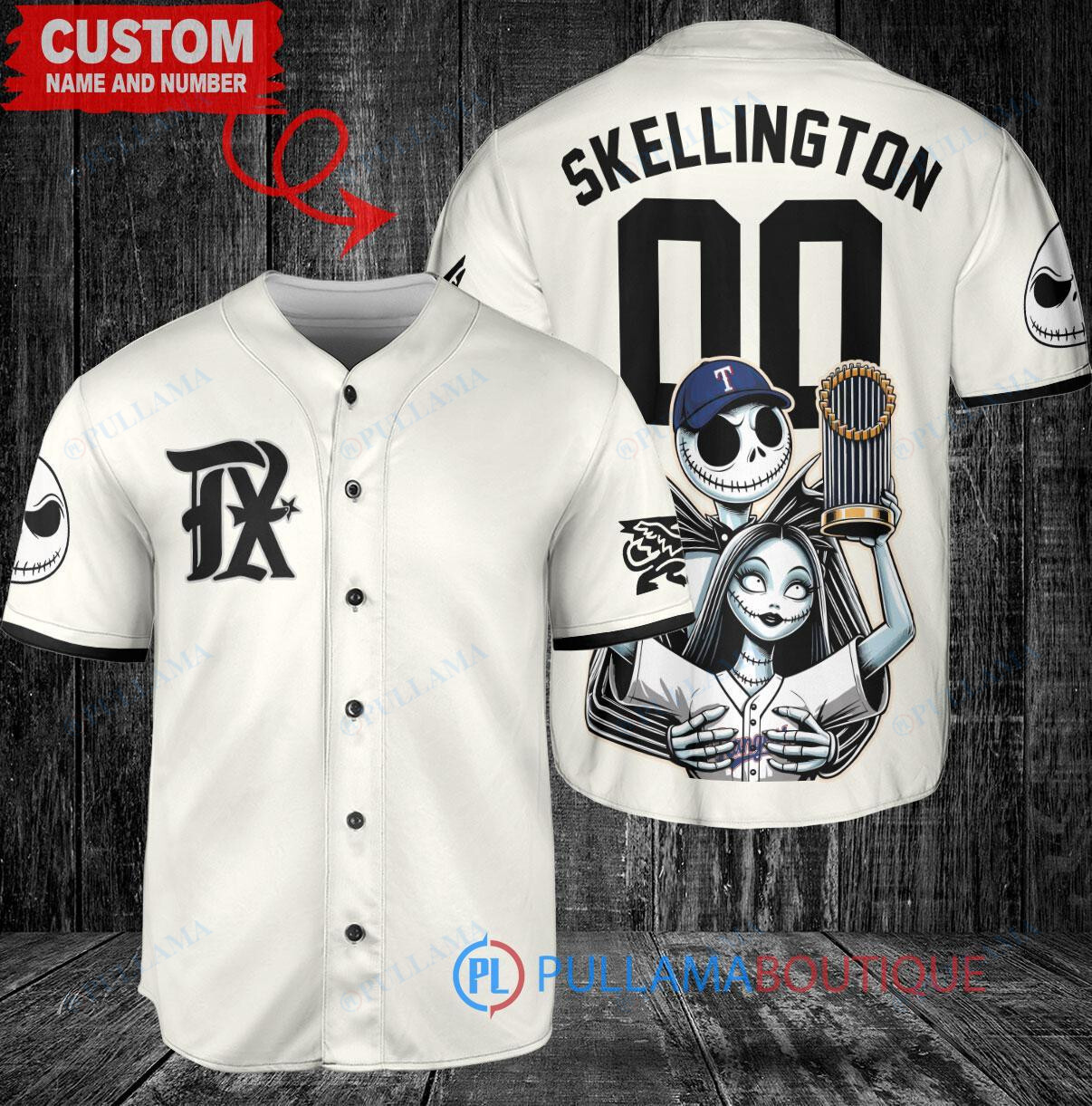 Texas Rangers x Jack Skellington and Sally The Nightmare Before Christmas with World Series Trophy Custom Baseball Jersey Cream