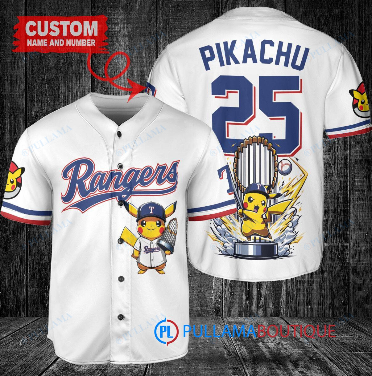 Texas Rangers x Pikachu Pokemon with Trophy Custom Baseball Jersey White