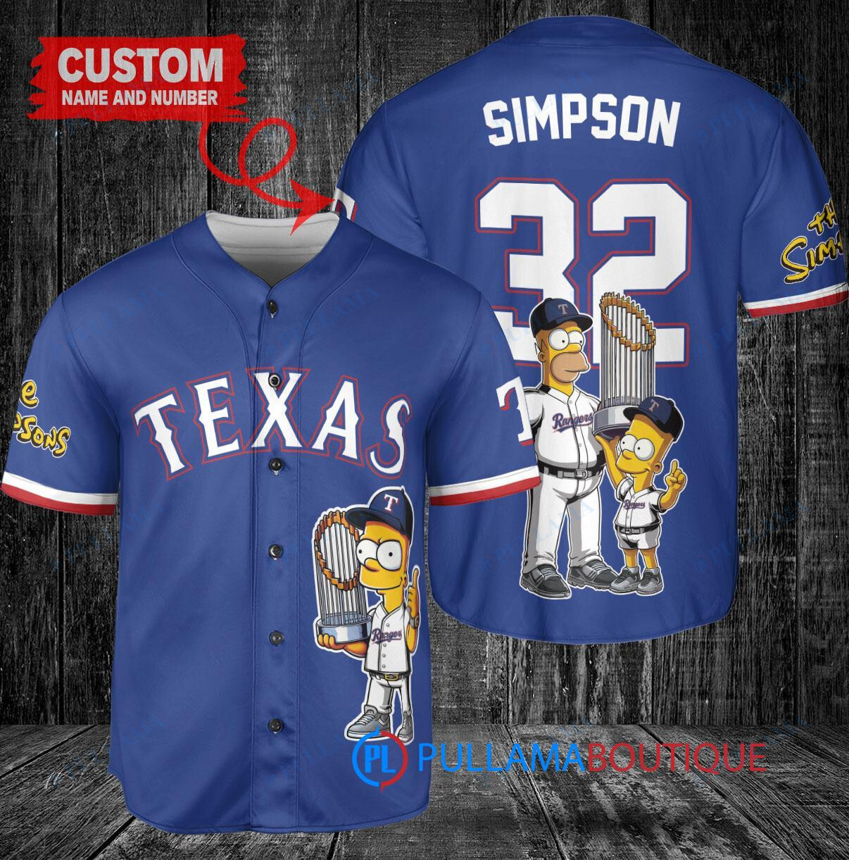 Texas Rangers x The Simpsons Bart Simpson, Homer Simpson, Lisa Simpson with Trophy Custom Baseball Jersey Royal