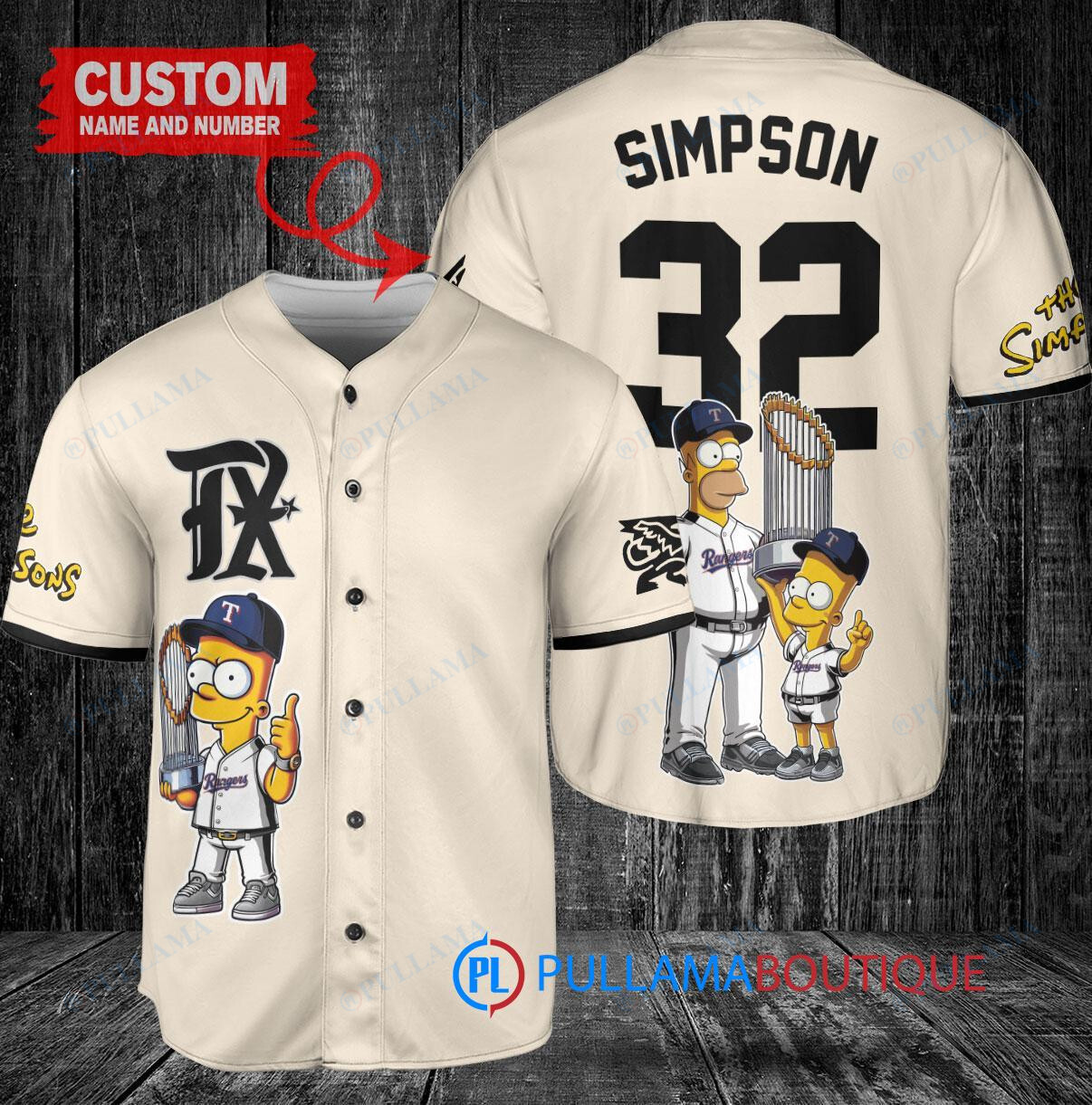 Texas Rangers x The Simpsons Baseball Jersey Cream - Bart, Homer, Lisa Trophy