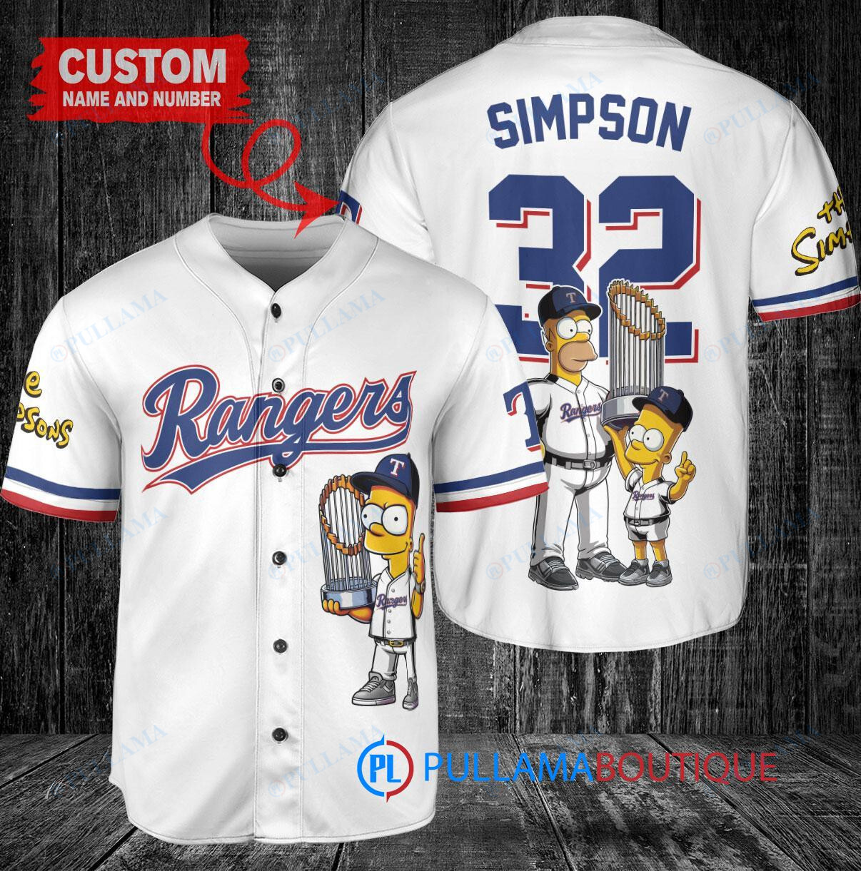 Texas Rangers x The Simpsons Baseball Jersey White - Bart, Homer, Lisa Trophy