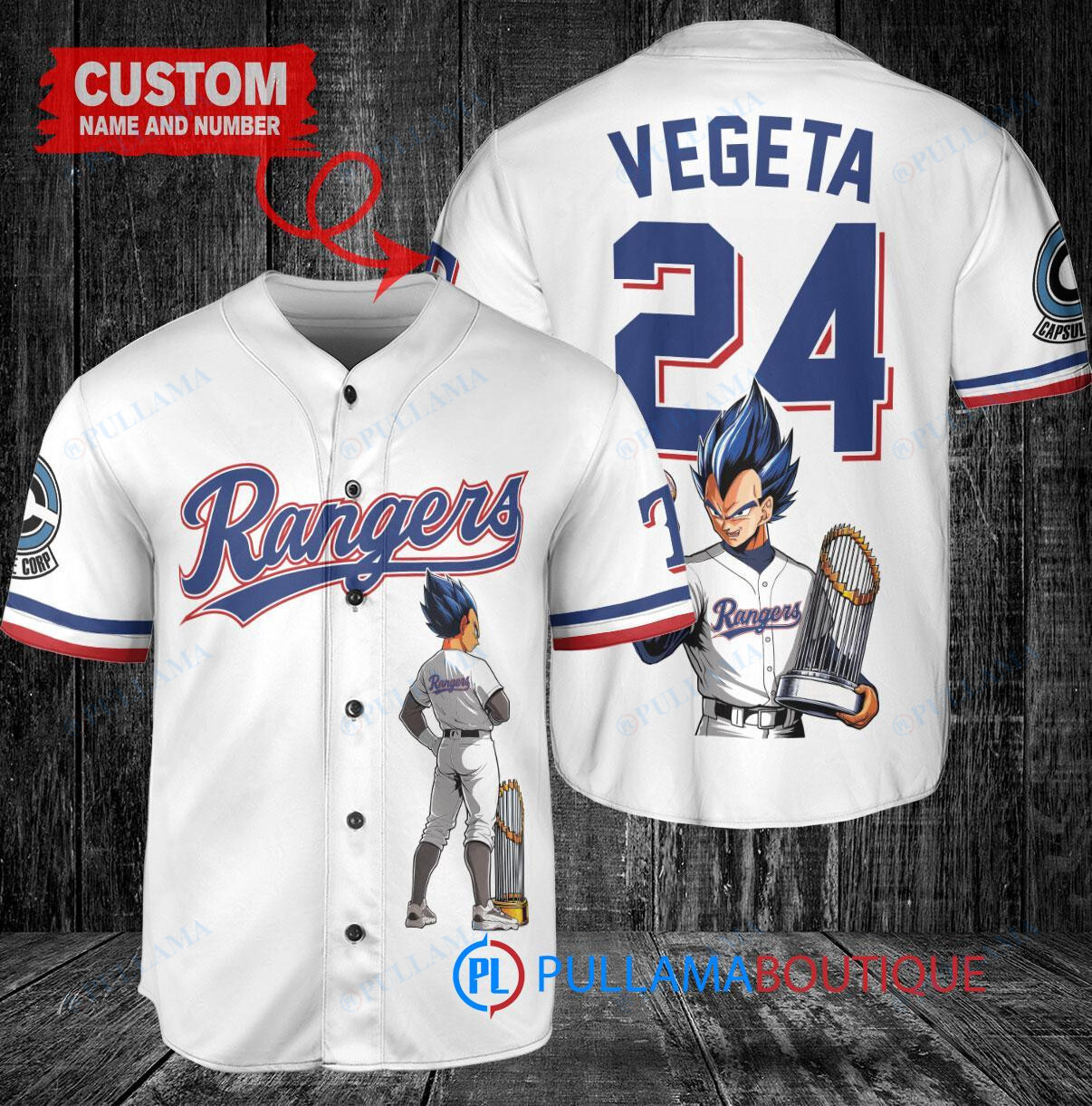 Texas Rangers x Vegeta Super Saiyan Dragon Ball Z with Trophy Custom Baseball Jersey White